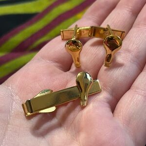 VTG Retro Men’s Lightbulb Gold Tone Metal Costume Jewelry Cuff Links and Tie Bar